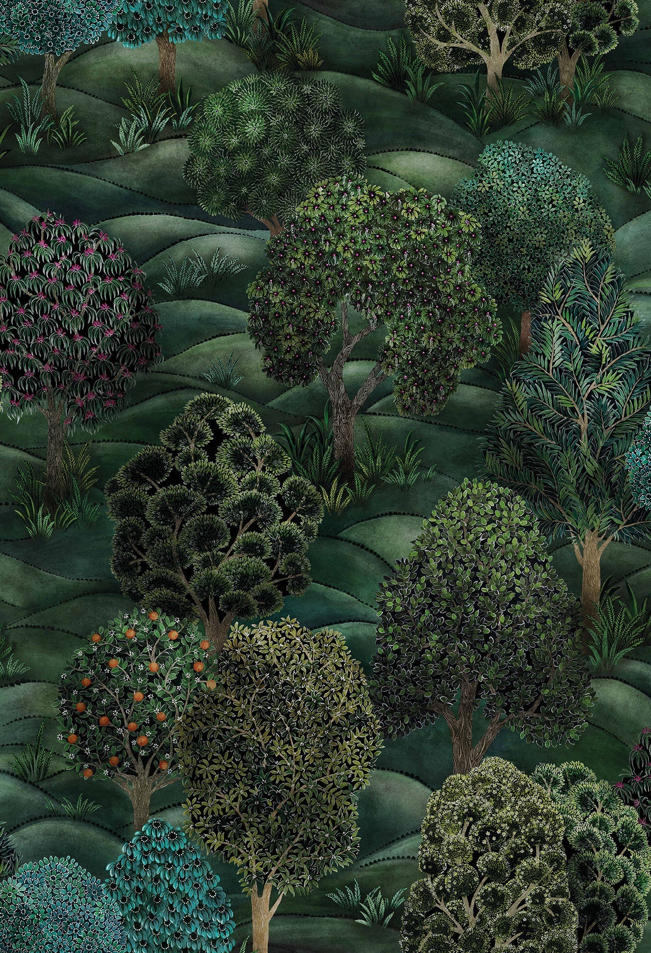 Pattern of stylized trees and foliage on a green background