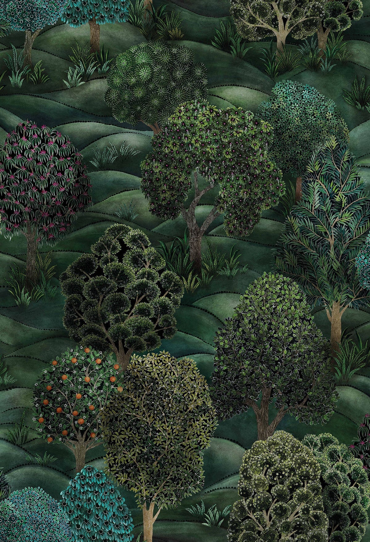 Pattern of stylized trees and foliage on a green background