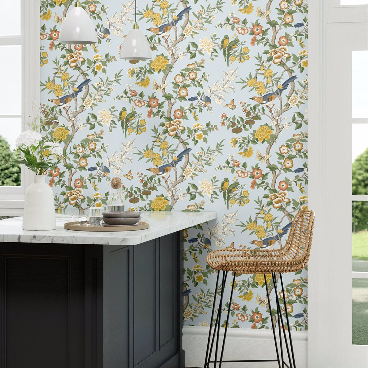 Chinoiserie Hall wallpaper in Dawn Blue and Persimmon, close up detail