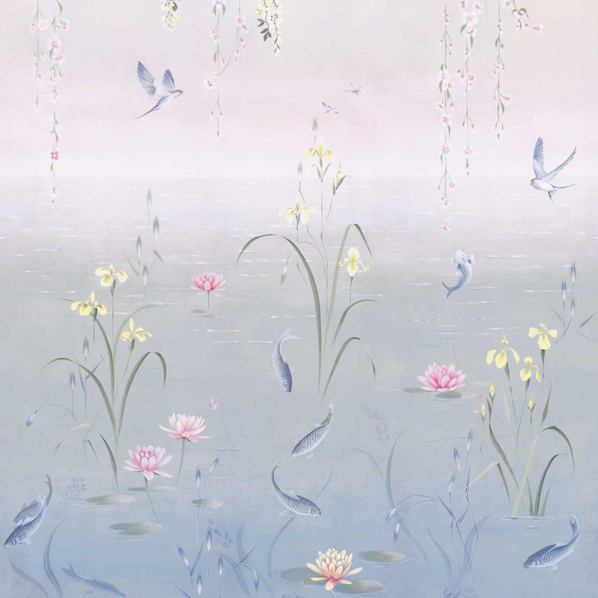 Water Garden - Soft Jade/Pink Blossom (Mural)